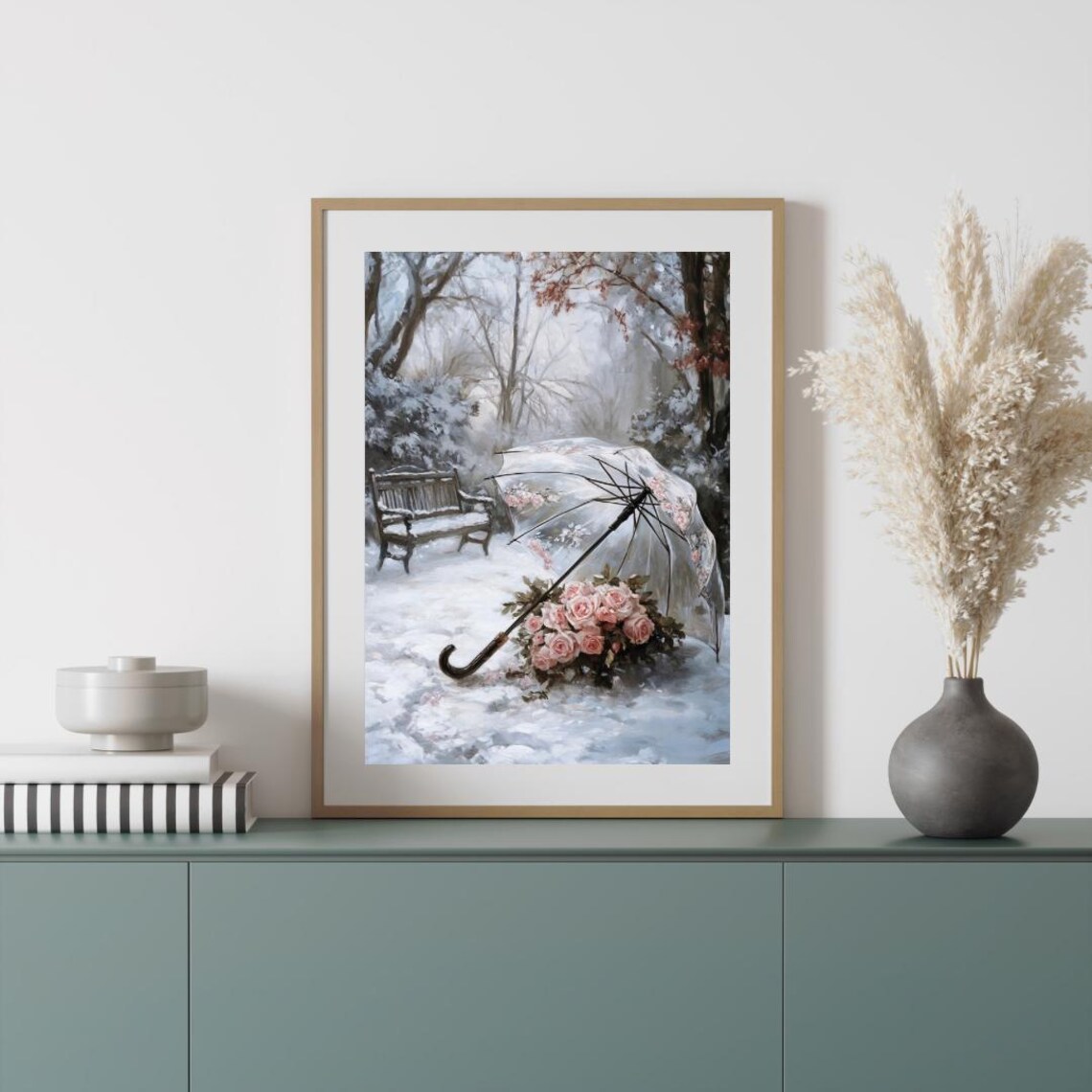 Pink Roses Under Transparent Umbrella in Snowy Garden Romantic Wall Art Poster - Image 4
