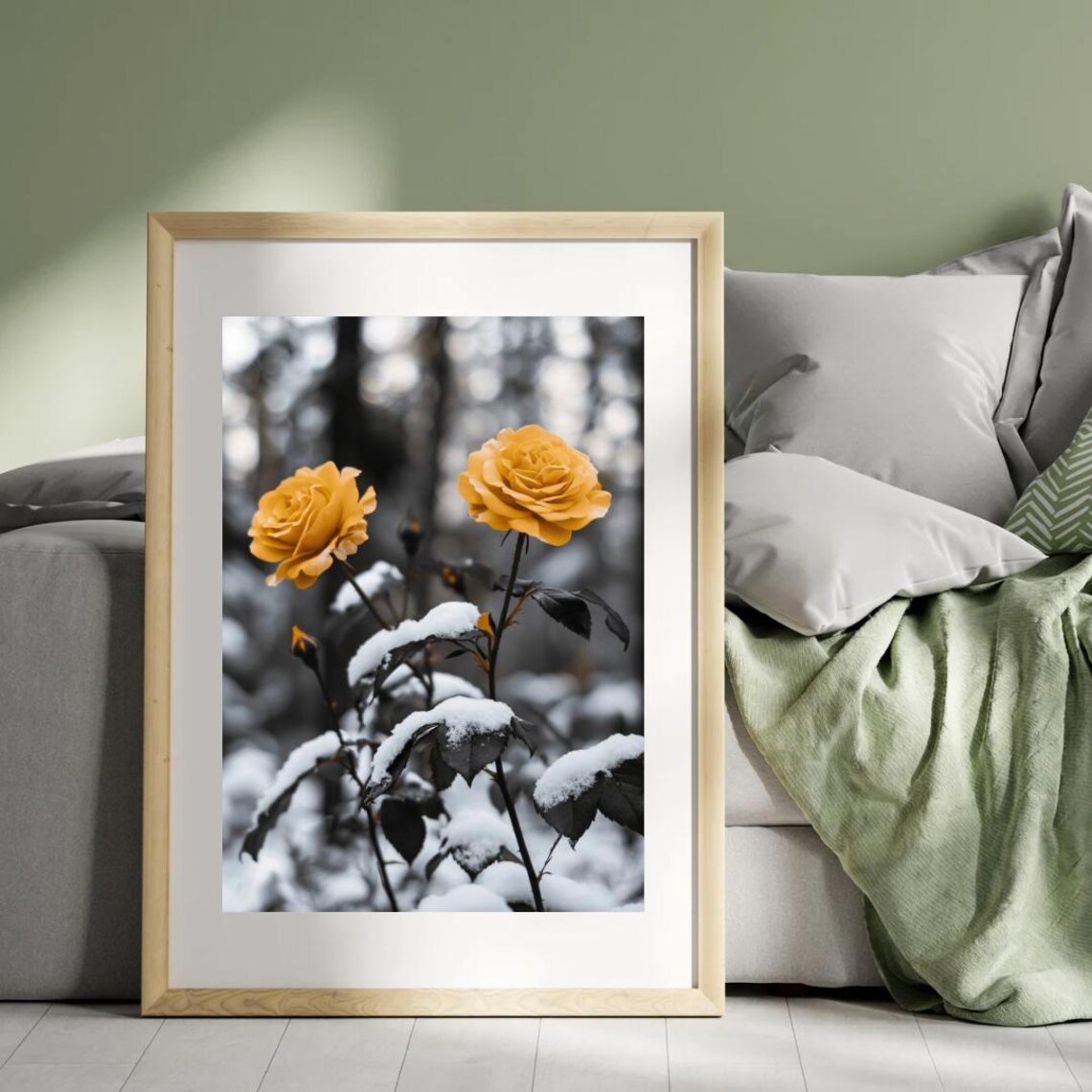 Yellow Roses Dusted With Snow In Monochrome Winter Garden Photo Art Poster - Image 4