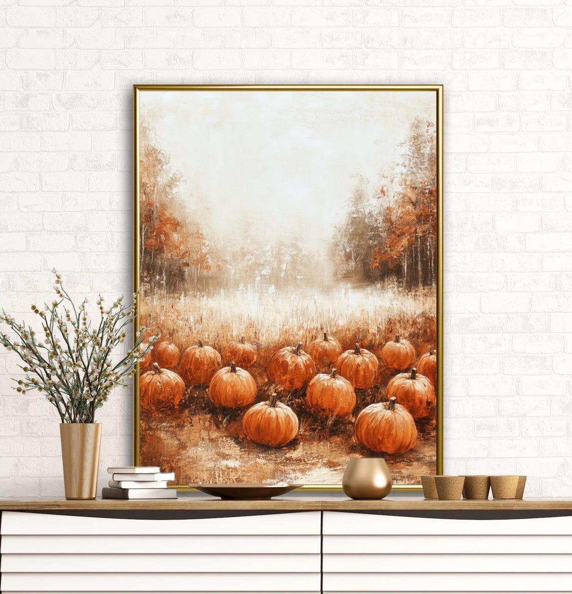 Cozy Rustic Orange Pumpkin Patch In Misty Autumn Field Art Print - Image 3