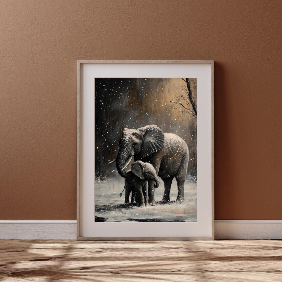 Mother Elephant and Baby Walking in Snow at Night Moody Wildlife Wall Art Poster - Image 6