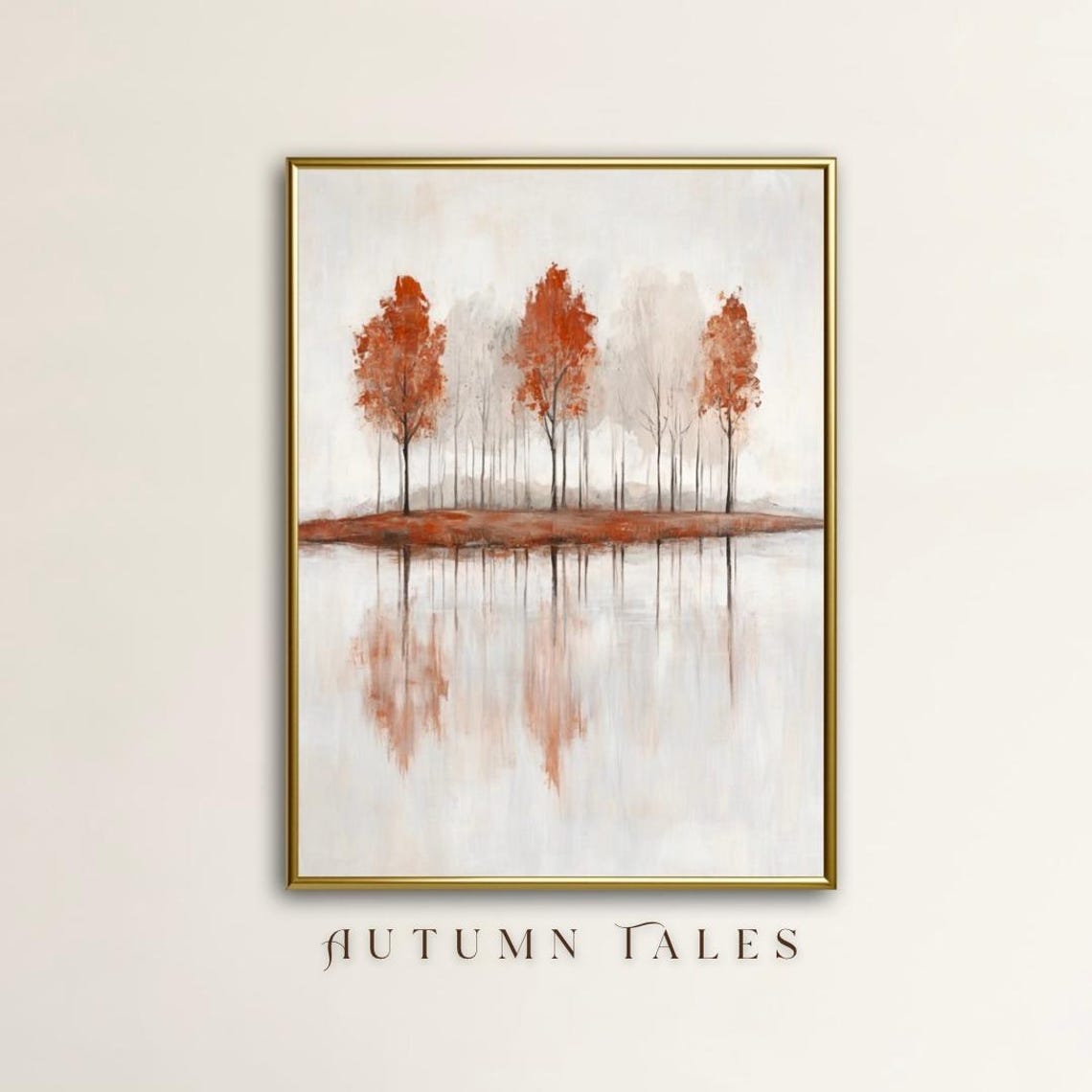 Rustic Orange Trees Lake Reflection Minimalist Autumn Landscape Poster