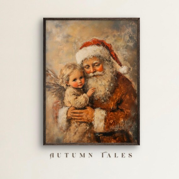 Vinatge Santa With Christmas Angel Wall Art Print Moody Christmas Wall Decor Santa With A Little Angelic Girl Kids Room Decor