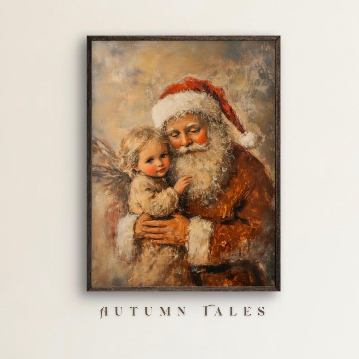 Vinatge Santa With Christmas Angel Wall Art Print Moody Christmas Wall Decor Santa With A Little Angelic Girl Kids Room Decor