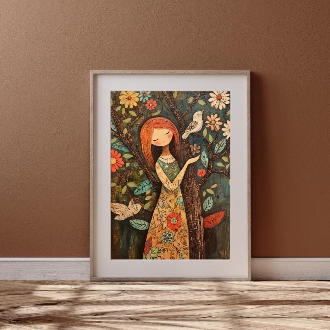 Red Haired Girl by Blooming Tree with Bird Whimsical Folk Art Wall Art Poster - Image 6