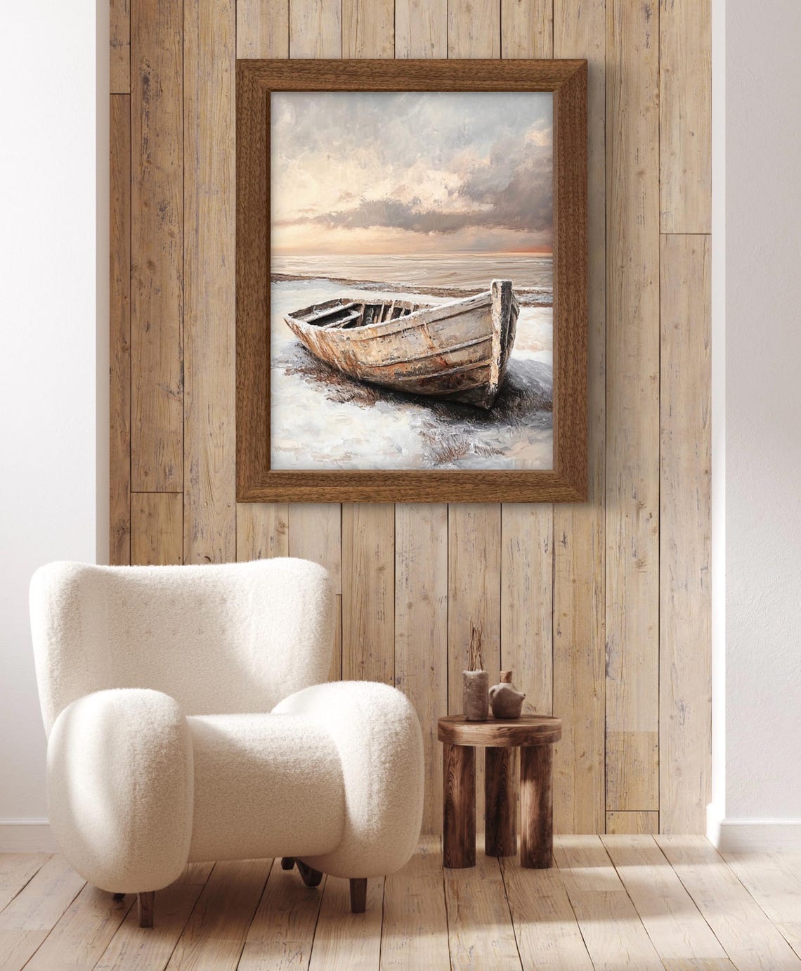 Weathered Wooden Rowboat On Snowy Beach Winter Sunset Seascape Poster - Image 2