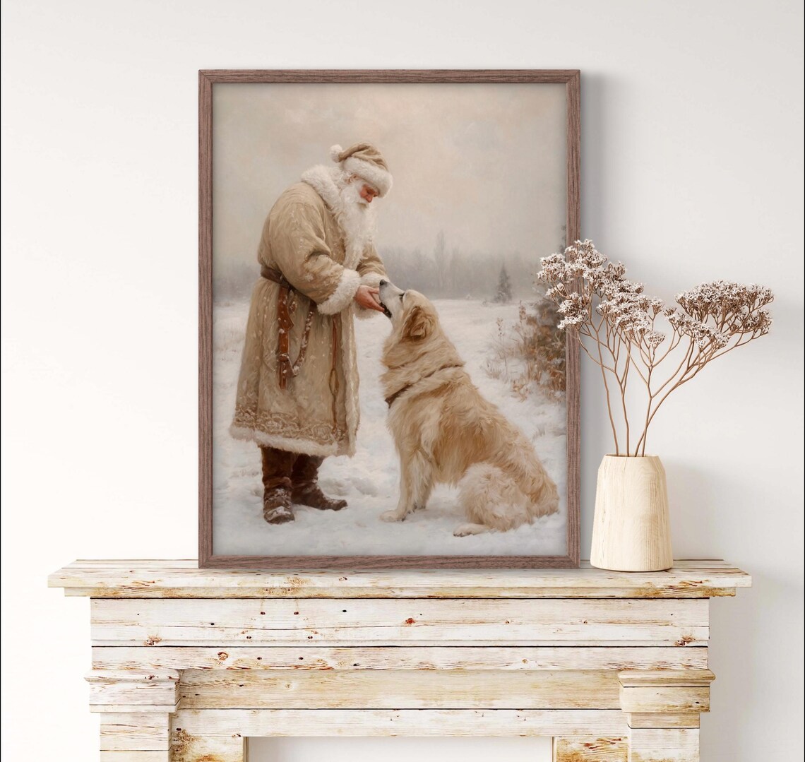 Vintage Santa in Beige Golden Retriever Art Print - Image 3