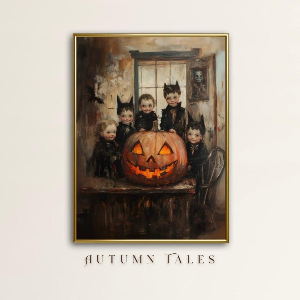 Vintage Kids In Bat Costumes With Giant Glowing Jack O Lantern Halloween Poster