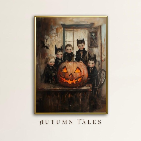 Halloween Wall Art Print Home Decor Cute Witchy Kids With Spooky Carved Jack O Lantern Pumpkin Moody Vintage Victorian Style Dark Academia