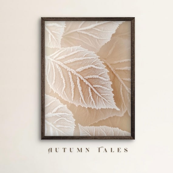 Winter Frosty Leaves Macro Botanical Neutral Leaf Art Poster