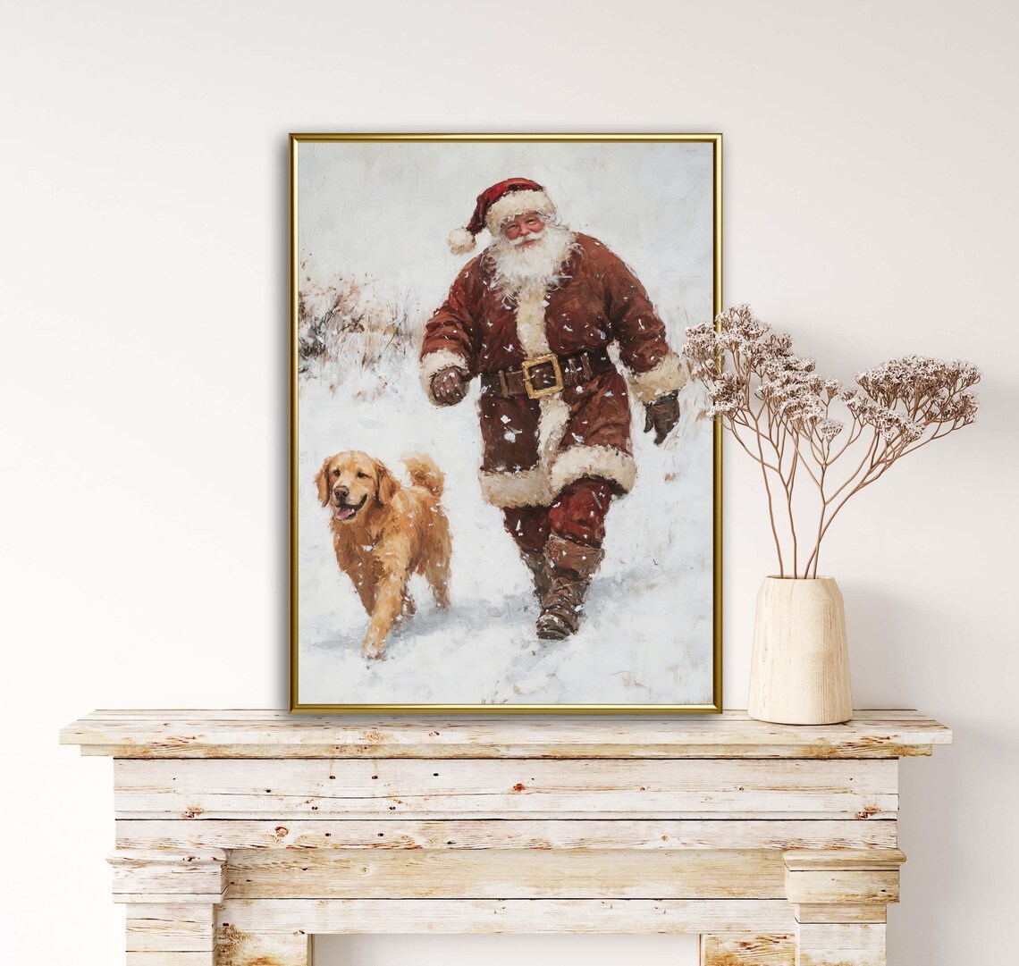 Santa Golden Retriever Christmas Art Print, Vintage - Image 2