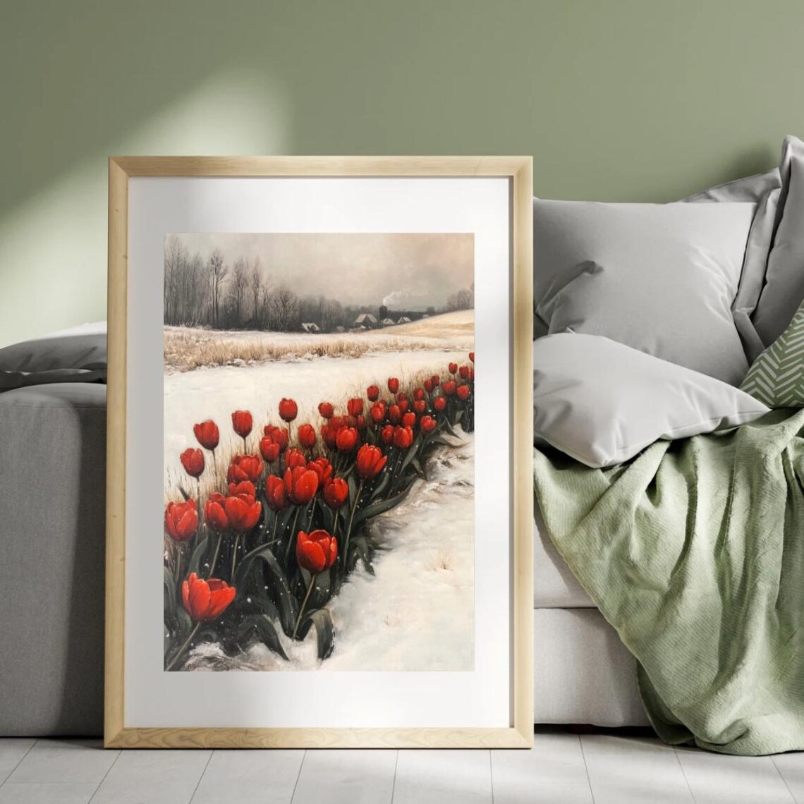 Red Tulips Blooming In Snowy Field Winter To Spring Floral Art Wall Poster - Image 2