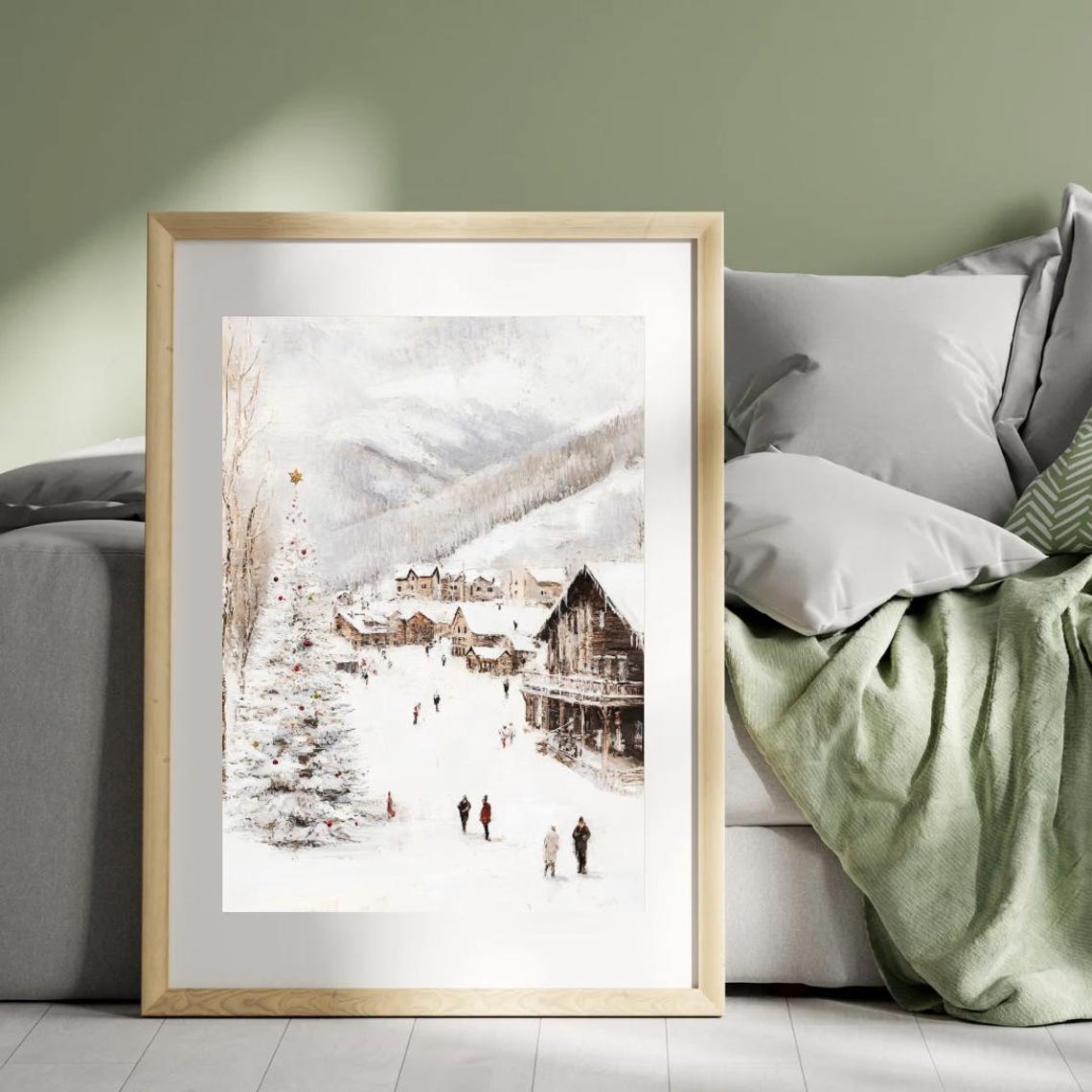 Vintage Chrsimas European Village Christmas Wall Art Snowy Winter Wonderland Ski Town Oil Painting Print Moody Christmas Farmhouse Decor - Image 2