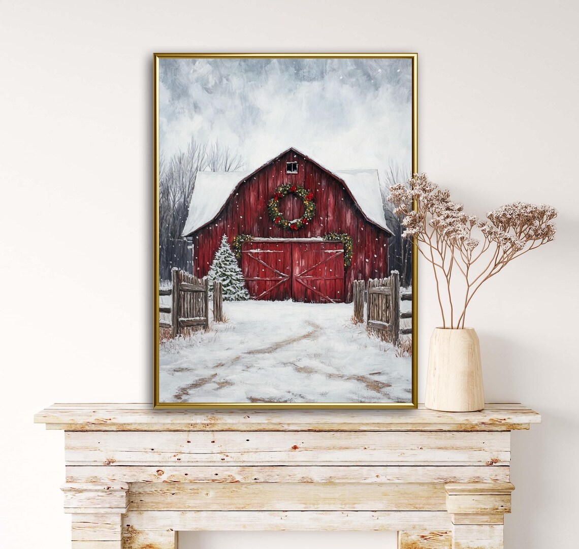 Cottagecore Christmas Rustic Red Barn Art Print - Image 2