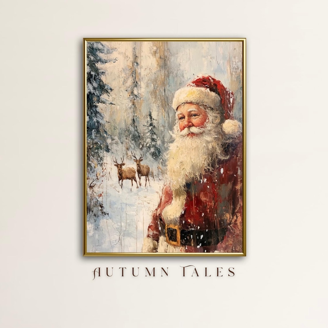 Vintage Santa Claus Snowy Winter Forest Reindeer Painting Poster