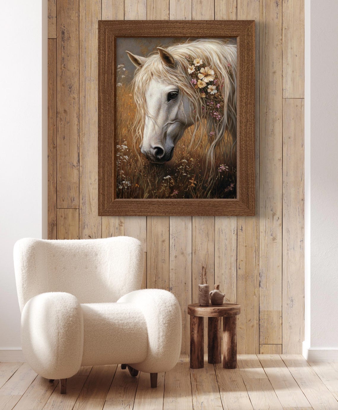 White Horse In Floral Spring Field Wall Art Print Horse With Wildflower In Her Hair Wildlife Farmhouse Art Decor - Image 2