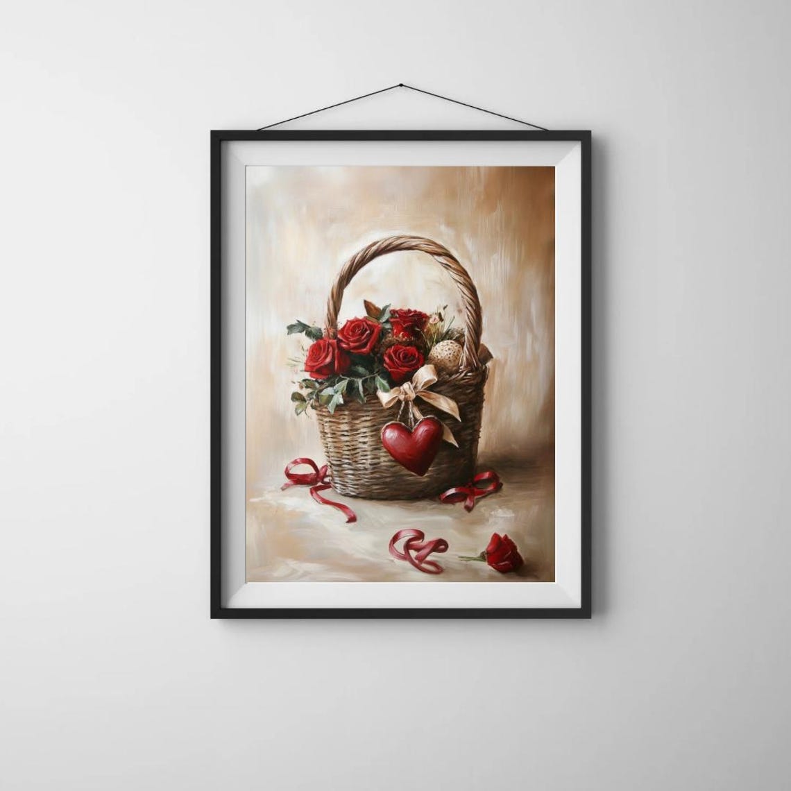 Red Roses Wicker Basket Red Heart Valentines Bouquet Art Poster - Image 2