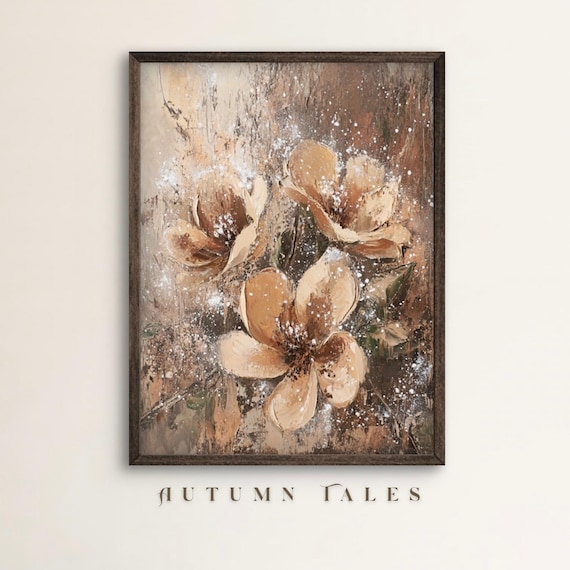 Abstract Caramel Brown Flowers on Dark Texture Moody Botanical Wall Art Poster