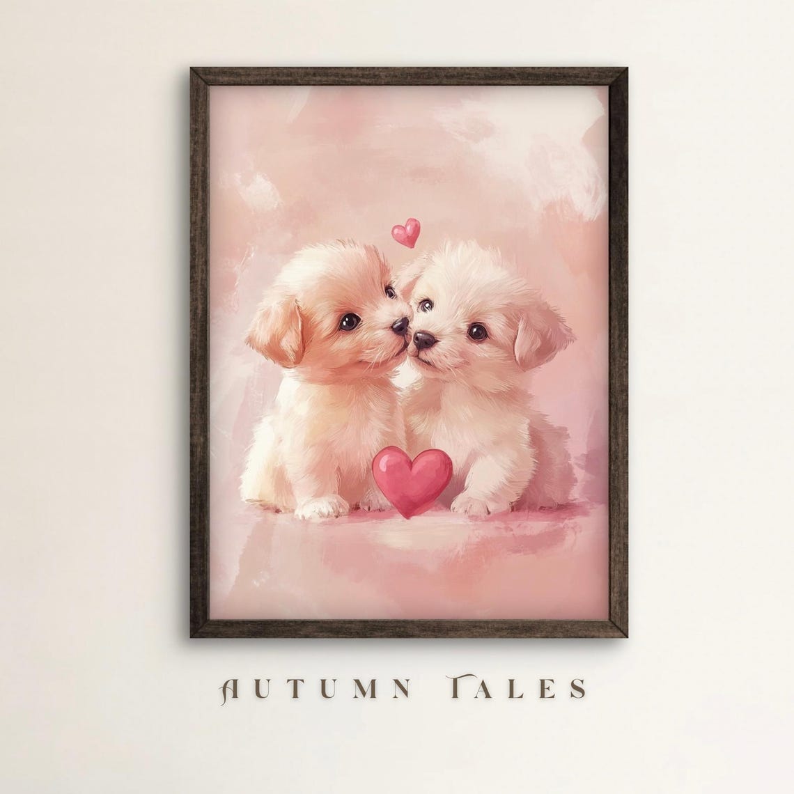 Two White Puppies Red Hearts Pink Background Puppy Love Poster
