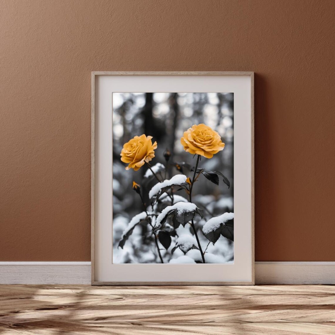 Yellow Roses Dusted With Snow In Monochrome Winter Garden Photo Art Poster - Image 6