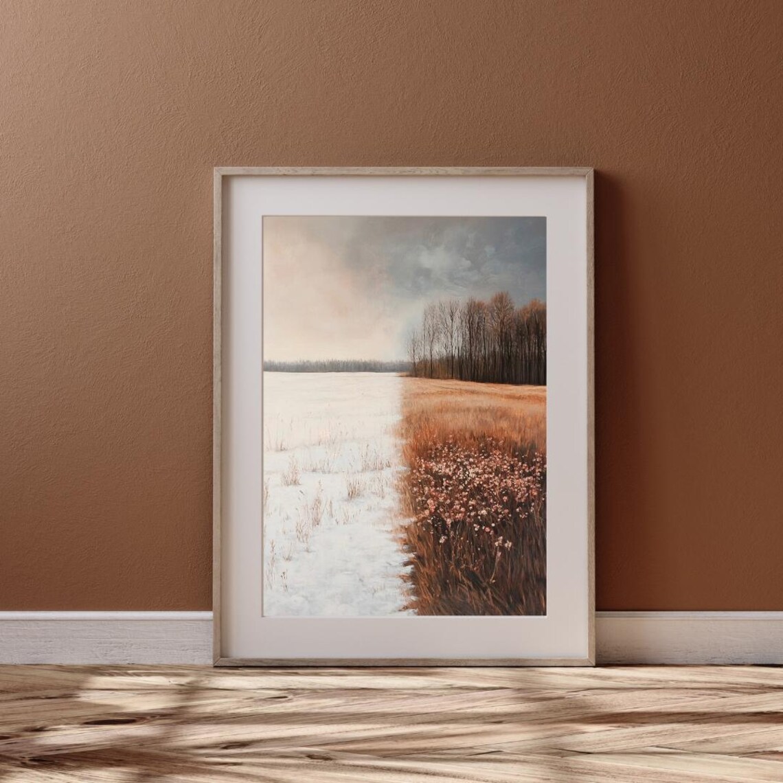 Half Winter Half Spring Snowy Field With Golden Grasses Seasonal Landscape Poster - Image 6