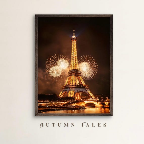 Eiffel Tower New Year Fireworks Wall Art Print Photo Poster Night Scene Decor In Moody Warm Tones Festive Decor