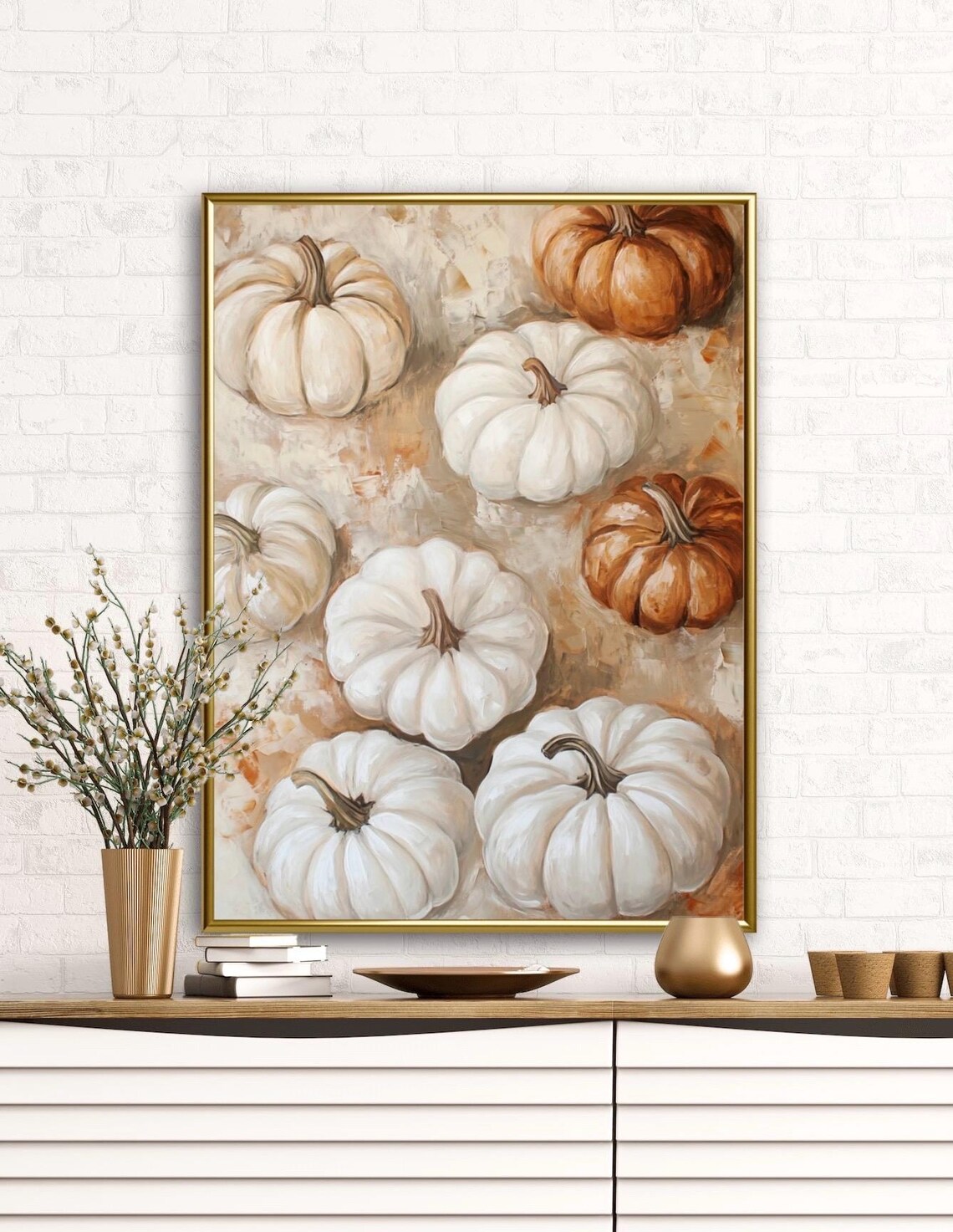 White and Rust Pumpkins Pattern Neutral Farmhouse Autumn Decor Wall Art - Image 2