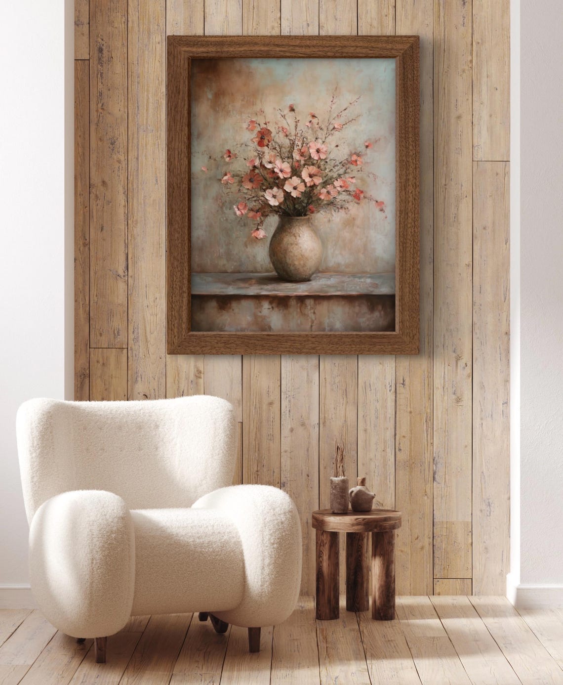 Pink Peach Wildflowers Rustic Vase Oil Painting Floral Poster - Image 3