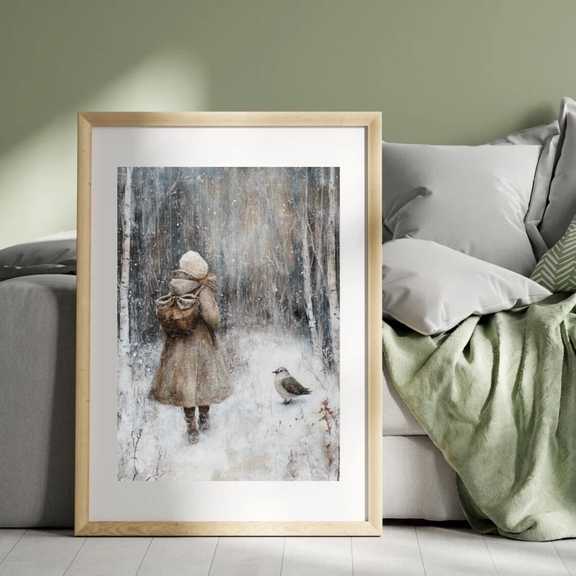 Winter Forest Girl And Bird, Moody Vintage Art Print - Image 4