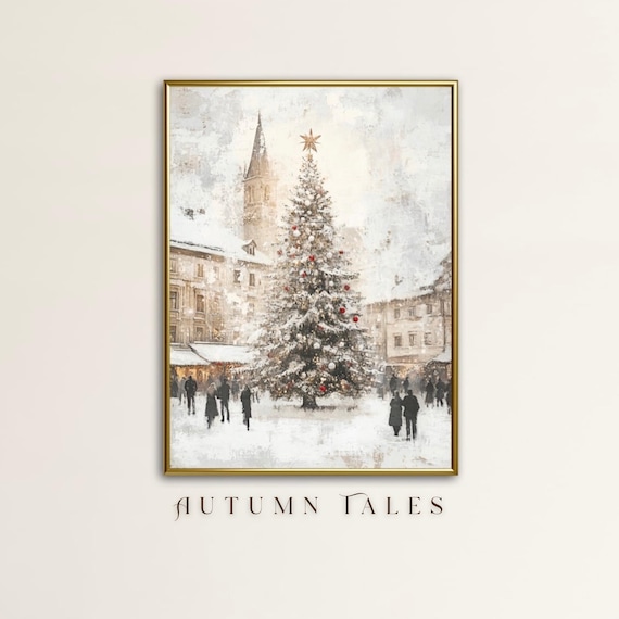 Vintage Christmas Wall Art Print Moody Winter Decor Old European Town With Christmas Tree Covered In Snow Christmas Home Decor