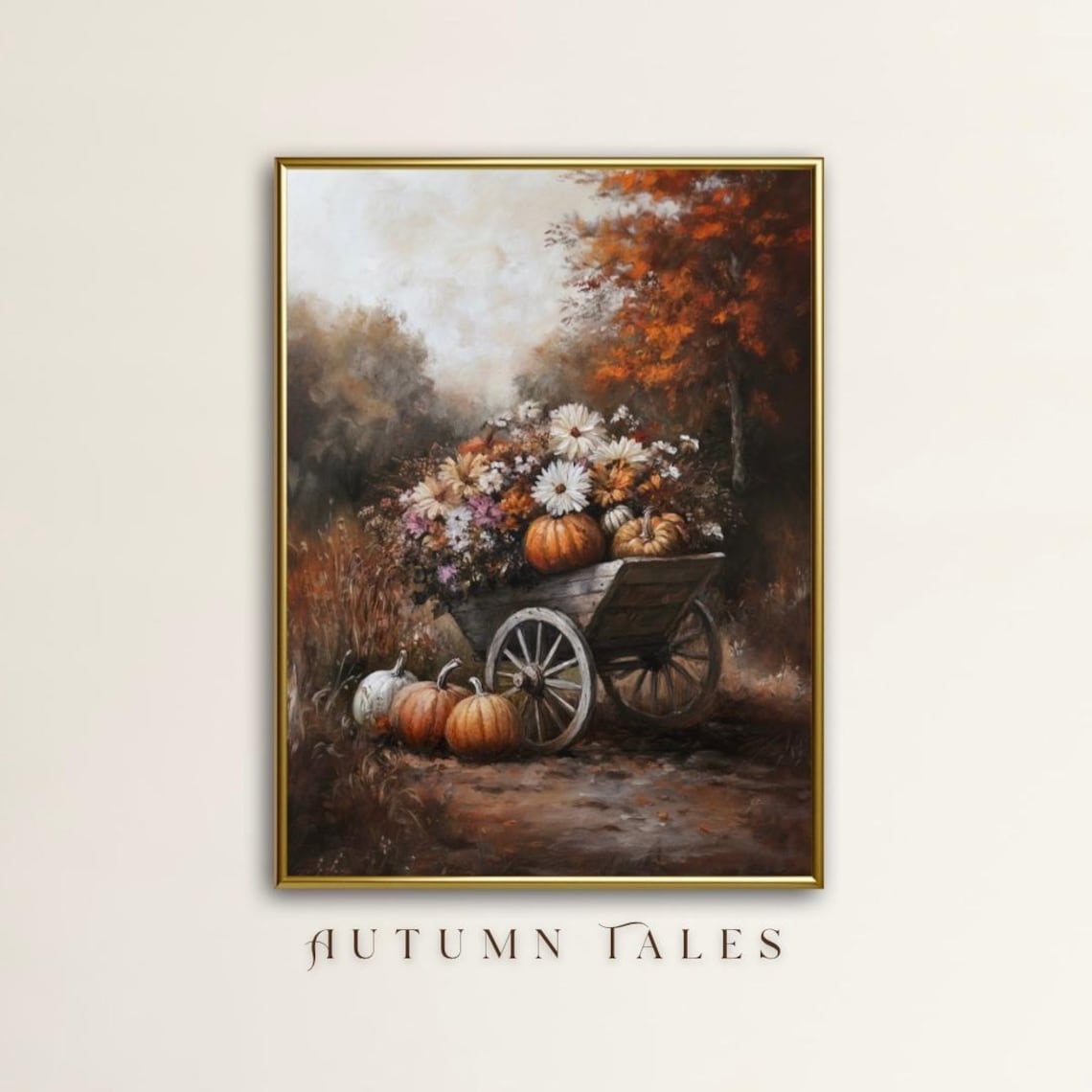 Rustic Wooden Cart With Pumpkins and Autumn Flowers Dark Forest Wall Art