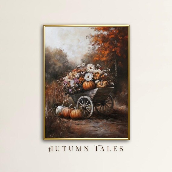Rustic Wooden Cart With Pumpkins and Autumn Flowers Dark Forest Wall Art