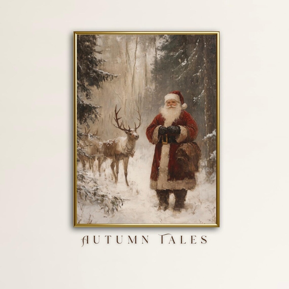 Christmas Santa Claus With Reindeer, Vintage Print - Image 4