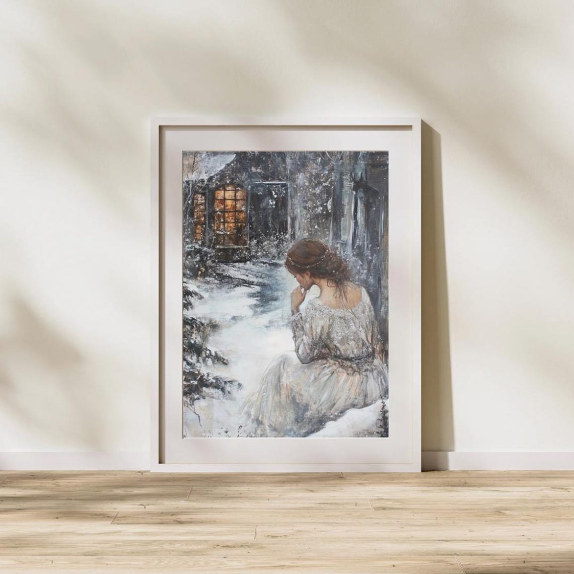 Victorian Winter Cottagecore Wall Art Print Of A Girl In White Dress Moody Snowy Day Vintage Romantic Painting - Image 4
