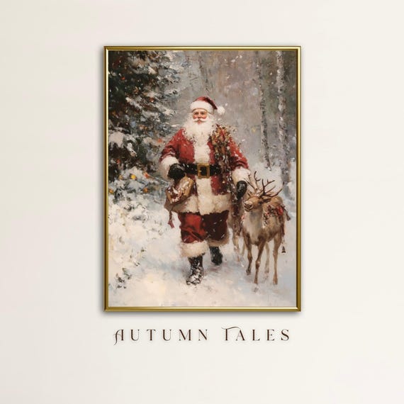 Vintage Christmas Santa and Reindeer Winter Poster