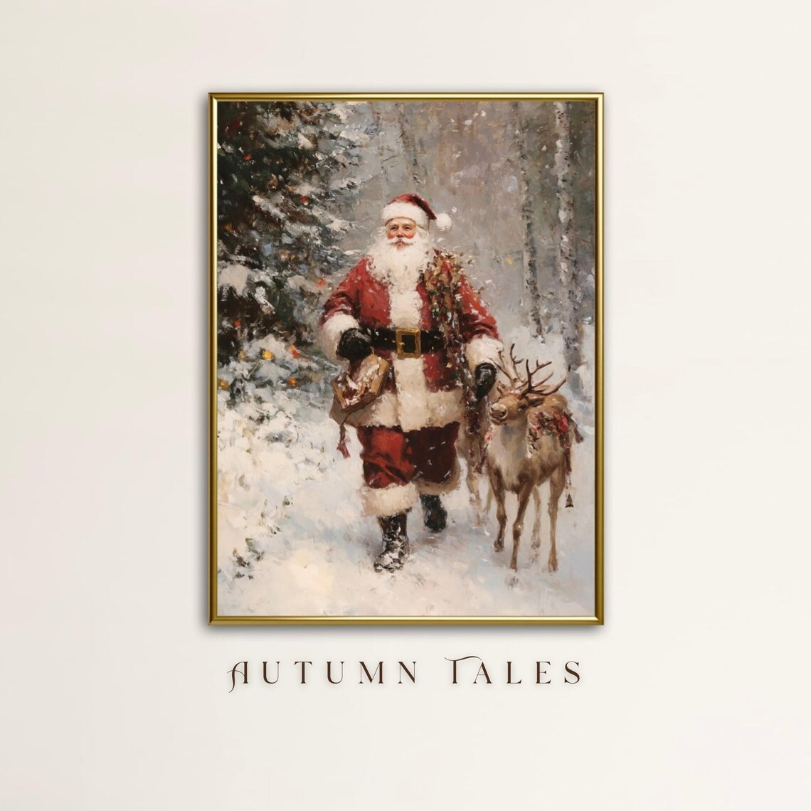 Vintage Christmas Santa and Reindeer Winter Poster
