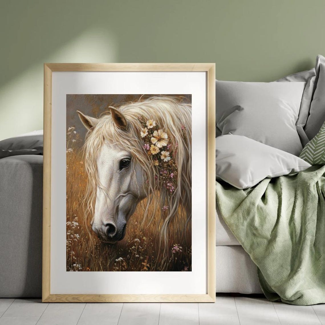White Horse In Floral Spring Field Wall Art Print Horse With Wildflower In Her Hair Wildlife Farmhouse Art Decor - Image 3