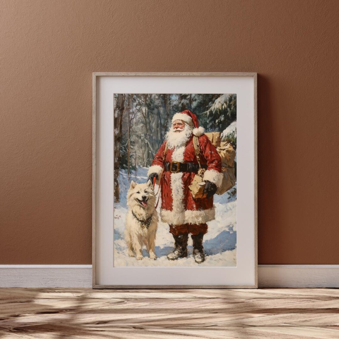Santa Samoyed Dog in Winter Forest Art Print - Image 6