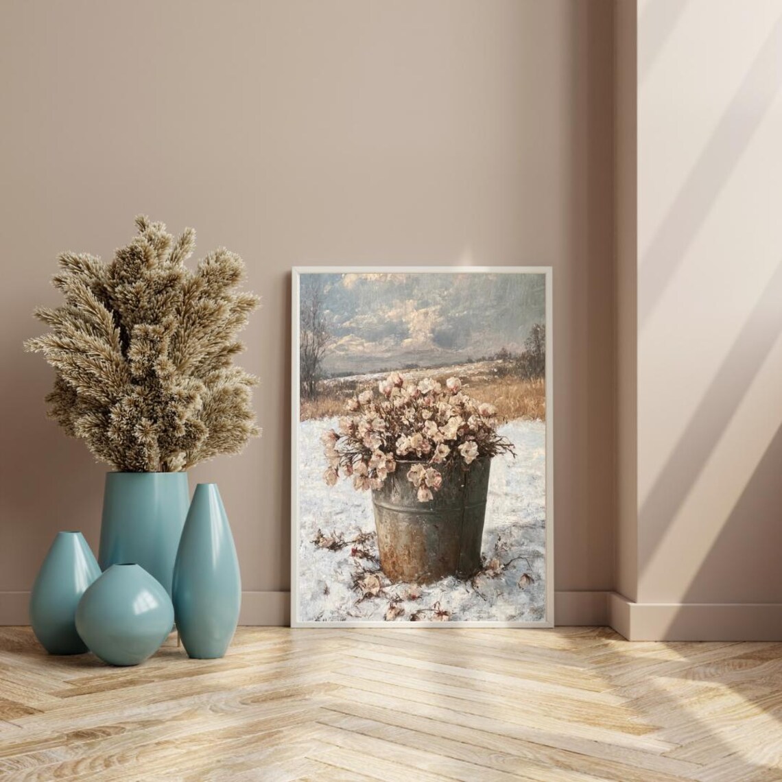 Pink Wildflowers in Rustic Bucket on Snowy Field Vintage Floral Wall Art Poster - Image 4