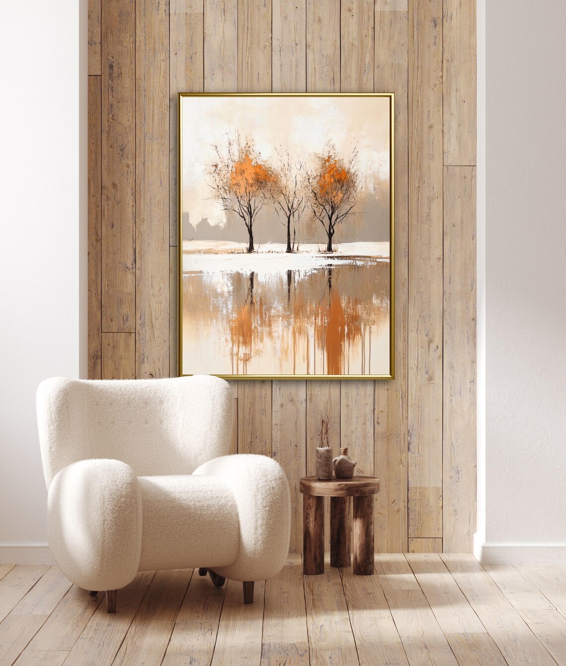 Minimalist Autumn Trees With Orange Foliage Beside Reflective Lake Art Poster - Image 4