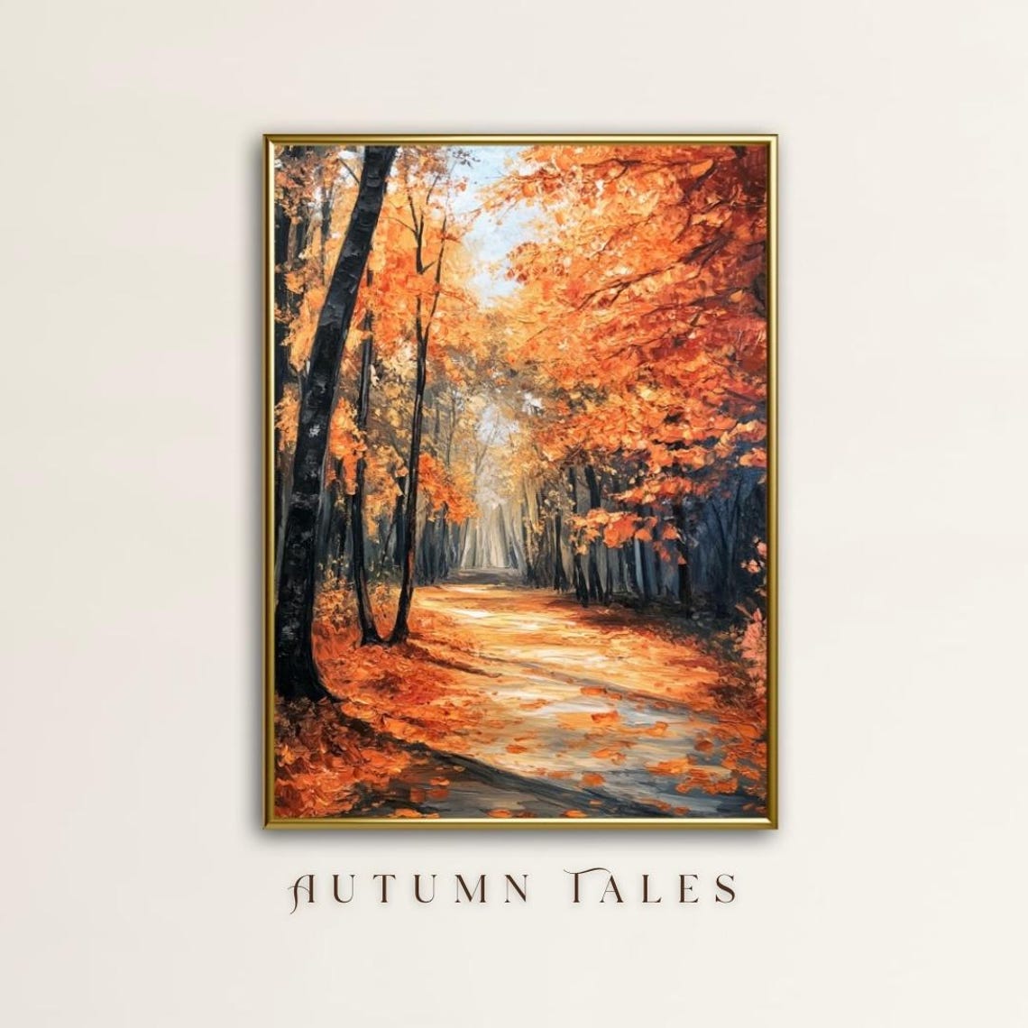 Fiery Vibrant Orange Autumn Forest Path Oil Painting Art Print
