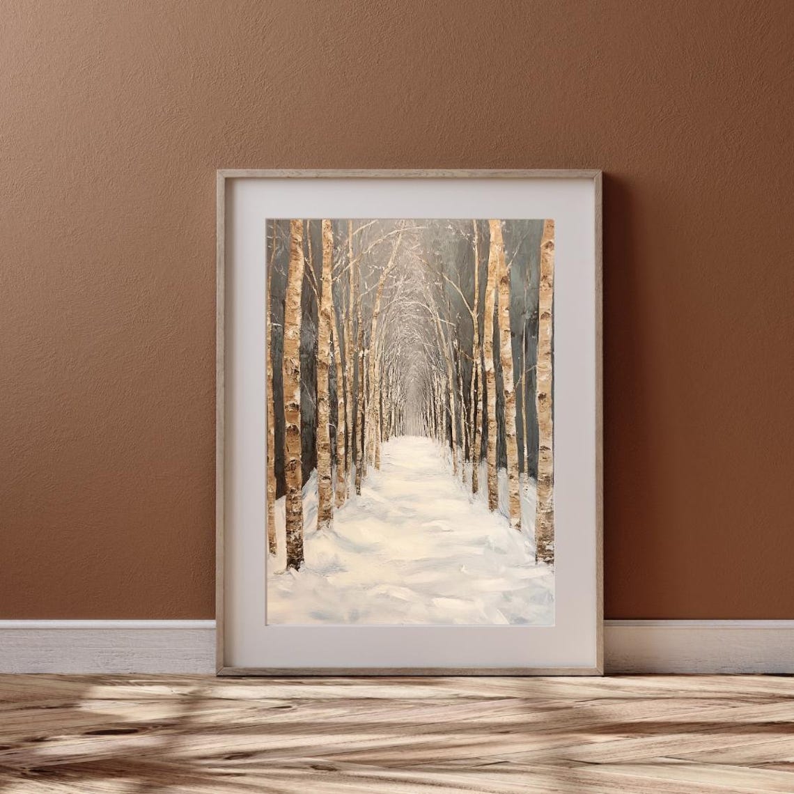 Winter Birch Forest Snowy Tree Lined Lane Neutral Landscape Poster - Image 5