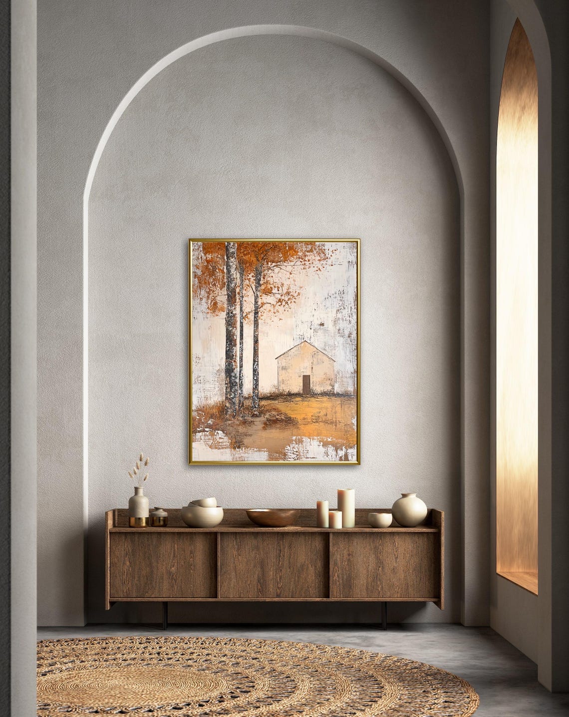 Textured Rustic Autumn Barn With Birch Trees Oil Painting Art Print - Image 2