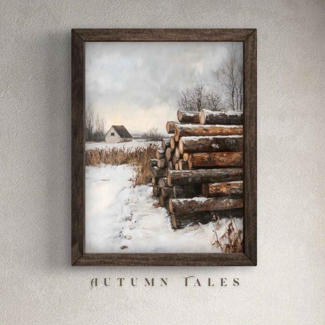 Snowy Winter Farm Stacked Wood Logs Barn Landscape Rustic Poster - Image 3