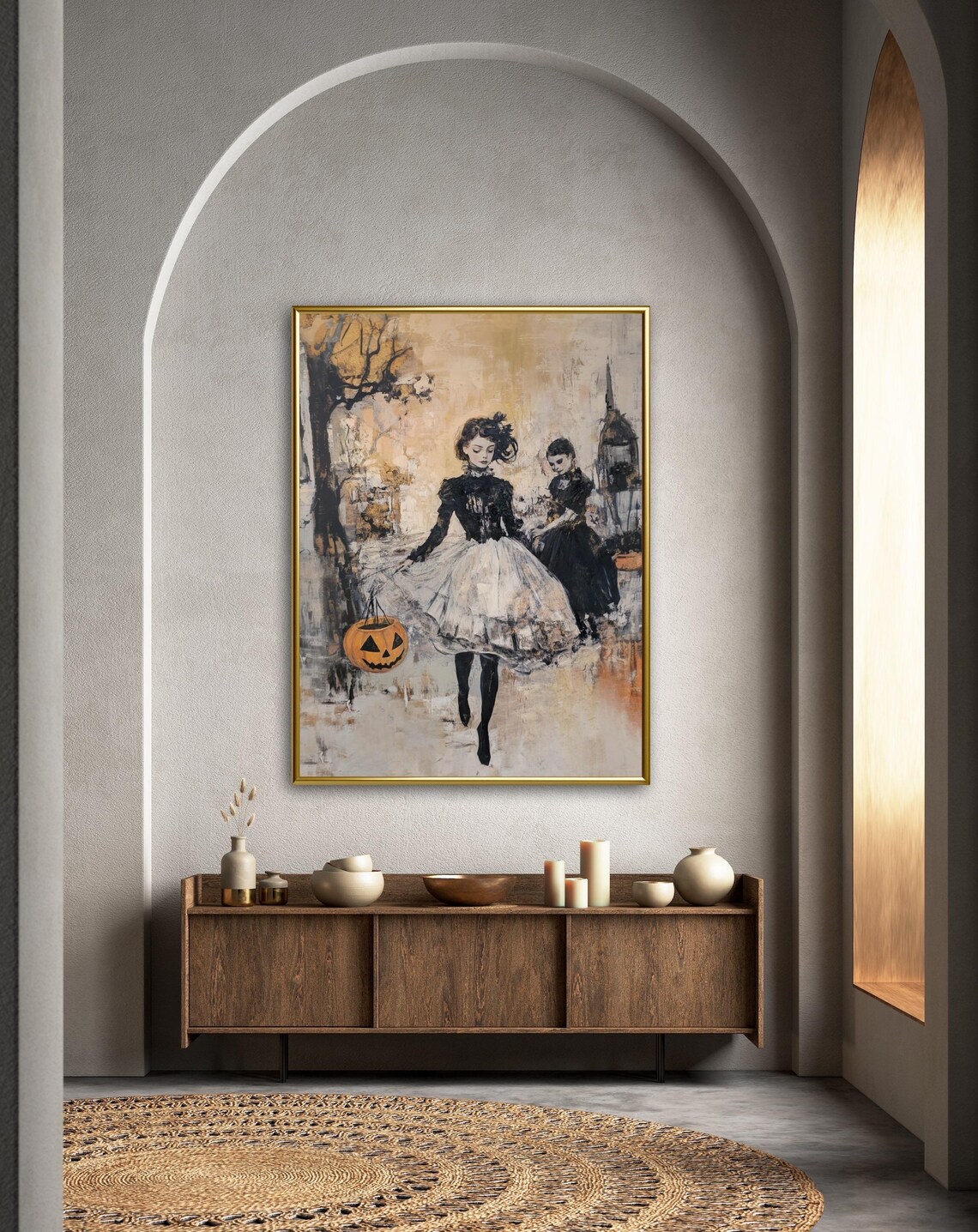 Autumn Tales Gothic Girl Pumpkin Bucket Trick Or Treat Halloween Art Print - Image 3