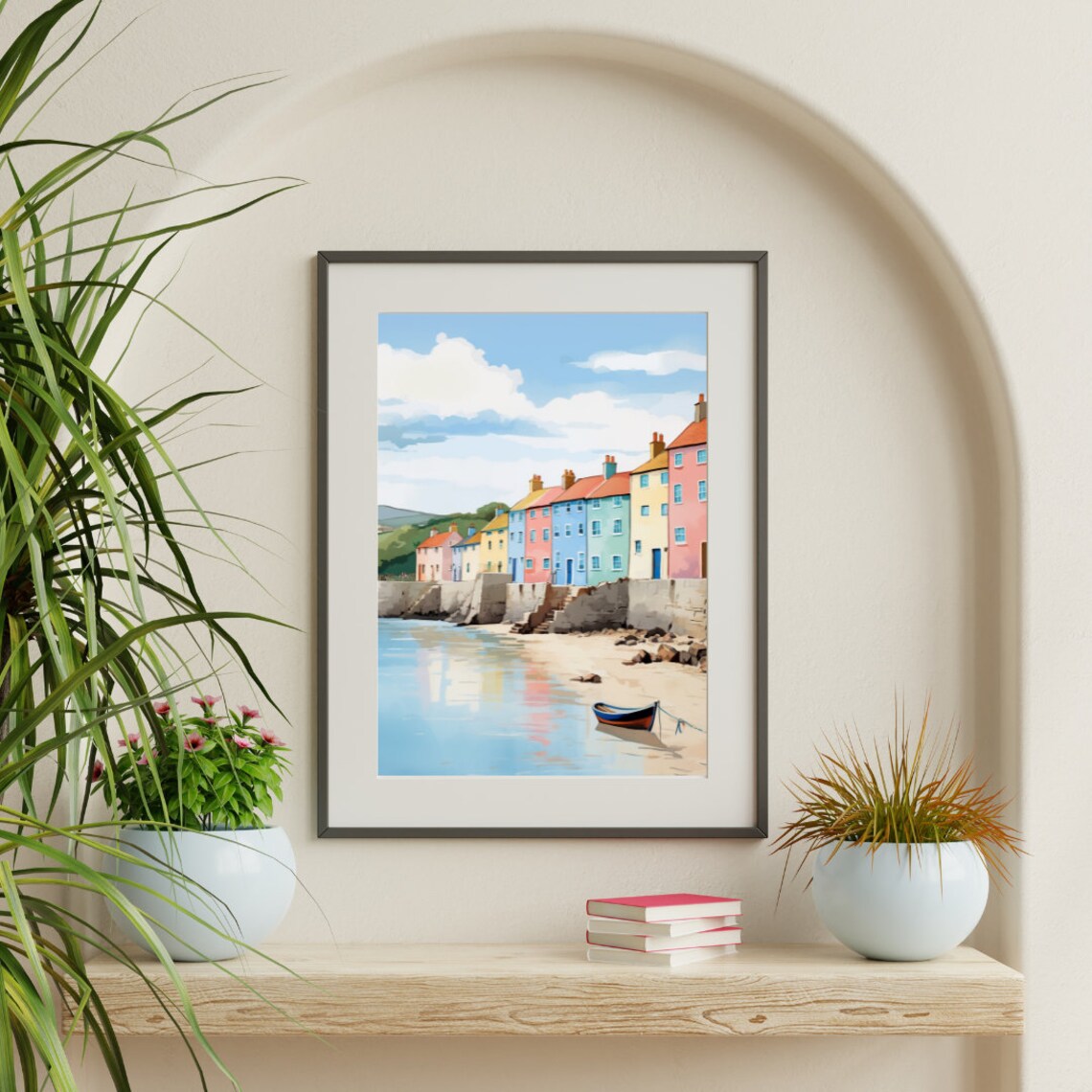 New Quay Colorful Seafront Houses with Rowboat Watercolor Art Poster - Image 3