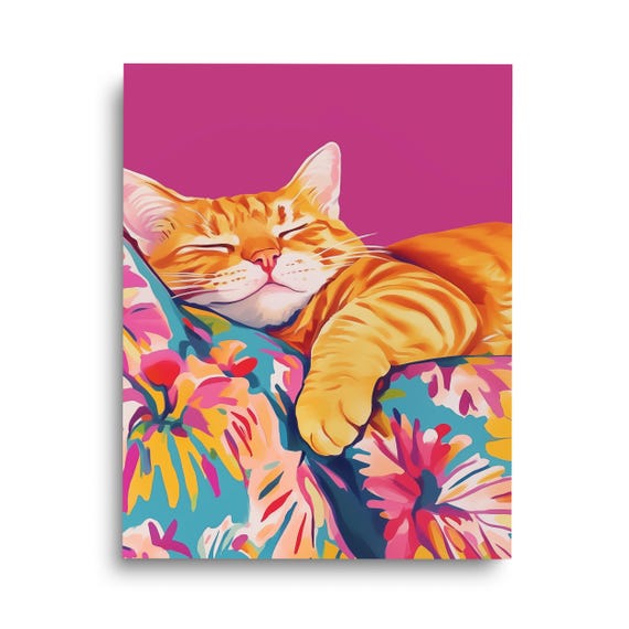 Sleeping Orange Tabby Print Cat Wall Art Cute Kitten Artwork Girly Pet Nursery Decor Pink Maximalist Feline Poster