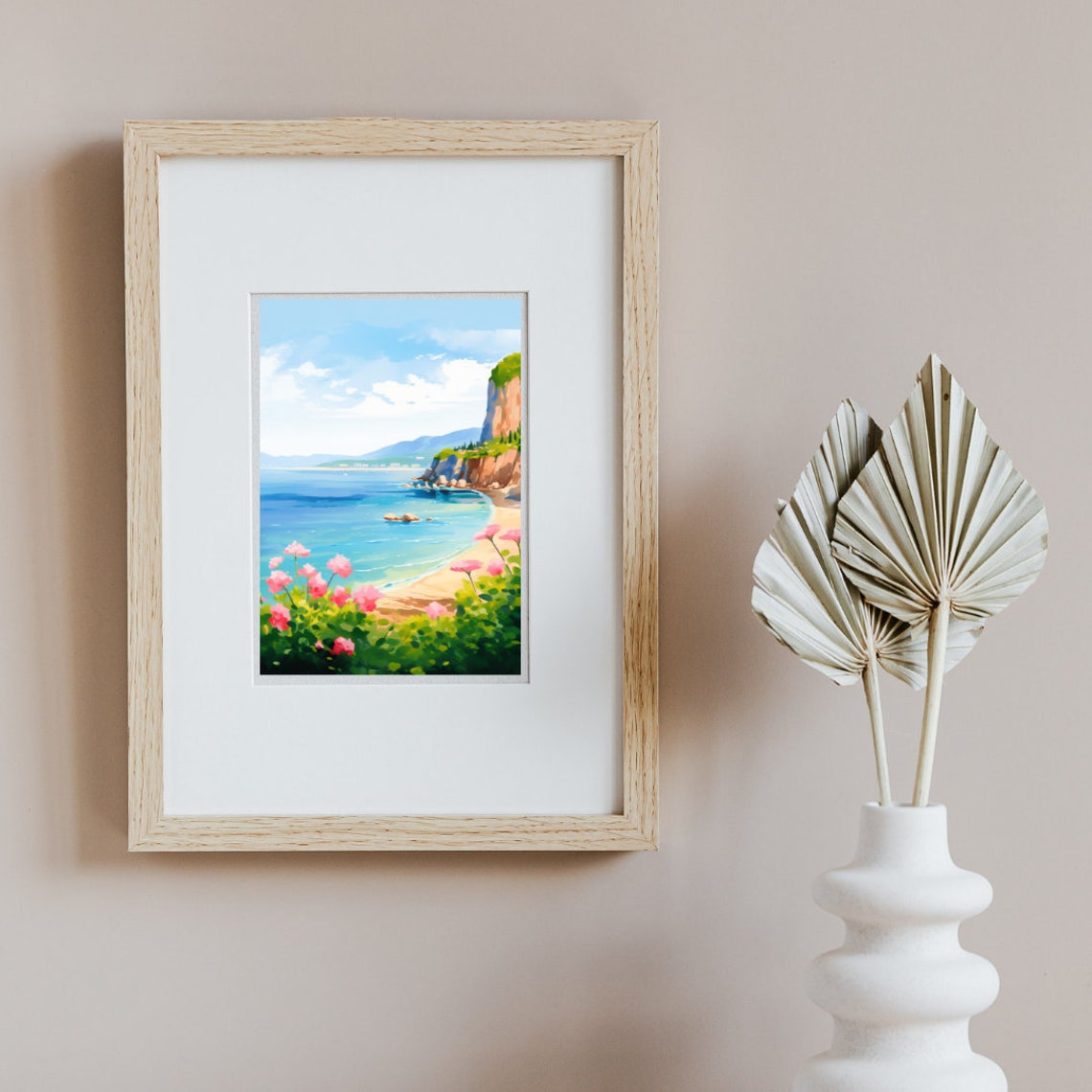 Sardinia Cove Sandy Beach with Cliffs and Pink Flowers Poster - Image 2
