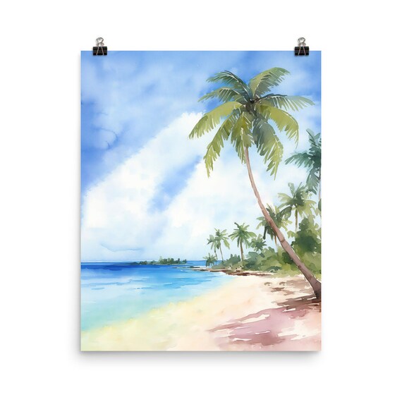 Zanzibar Tropical Beach Palm Trees Watercolor Coastal Scene Poster