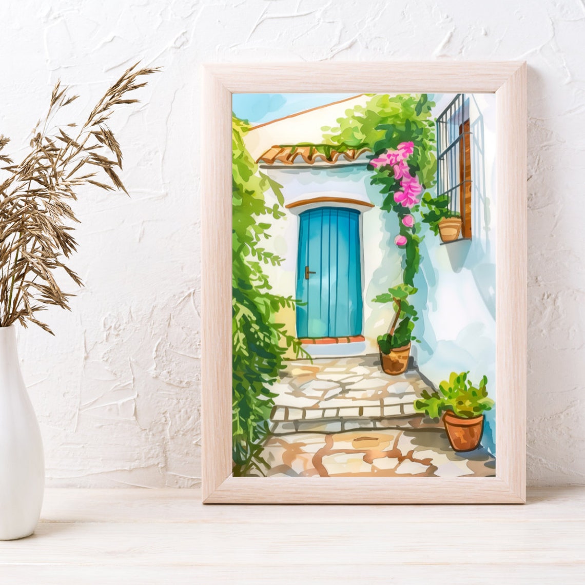 Frigiliana Blue Door Bougainvillea Stone Steps Watercolor Poster - Image 3