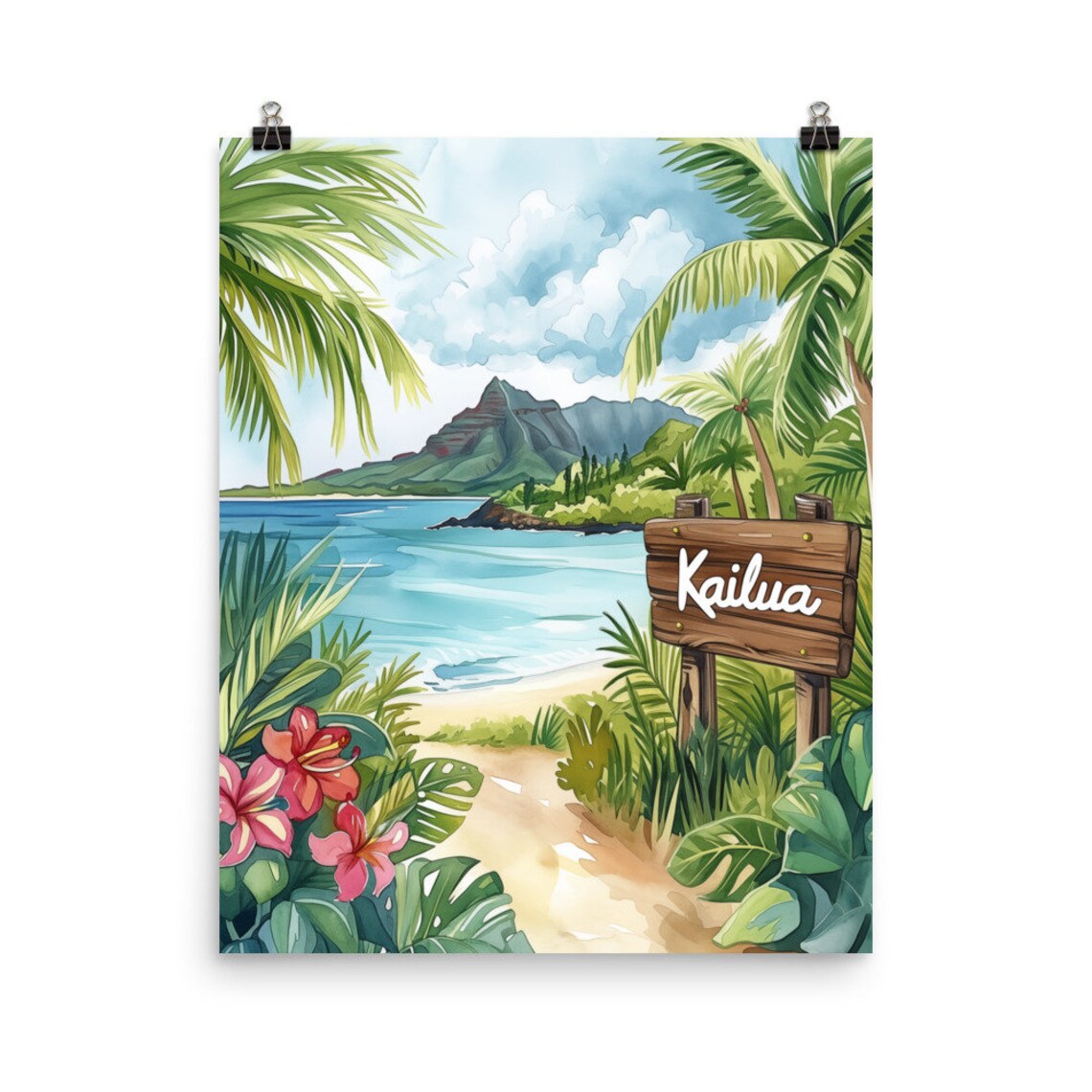 Kailua Watercolor Art Print, Hawaii Travel Poster